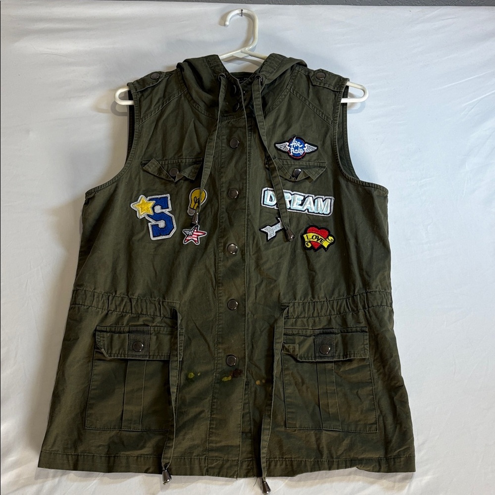 Romeo & Juliet Couture Olive Green Hooded Patch Vest